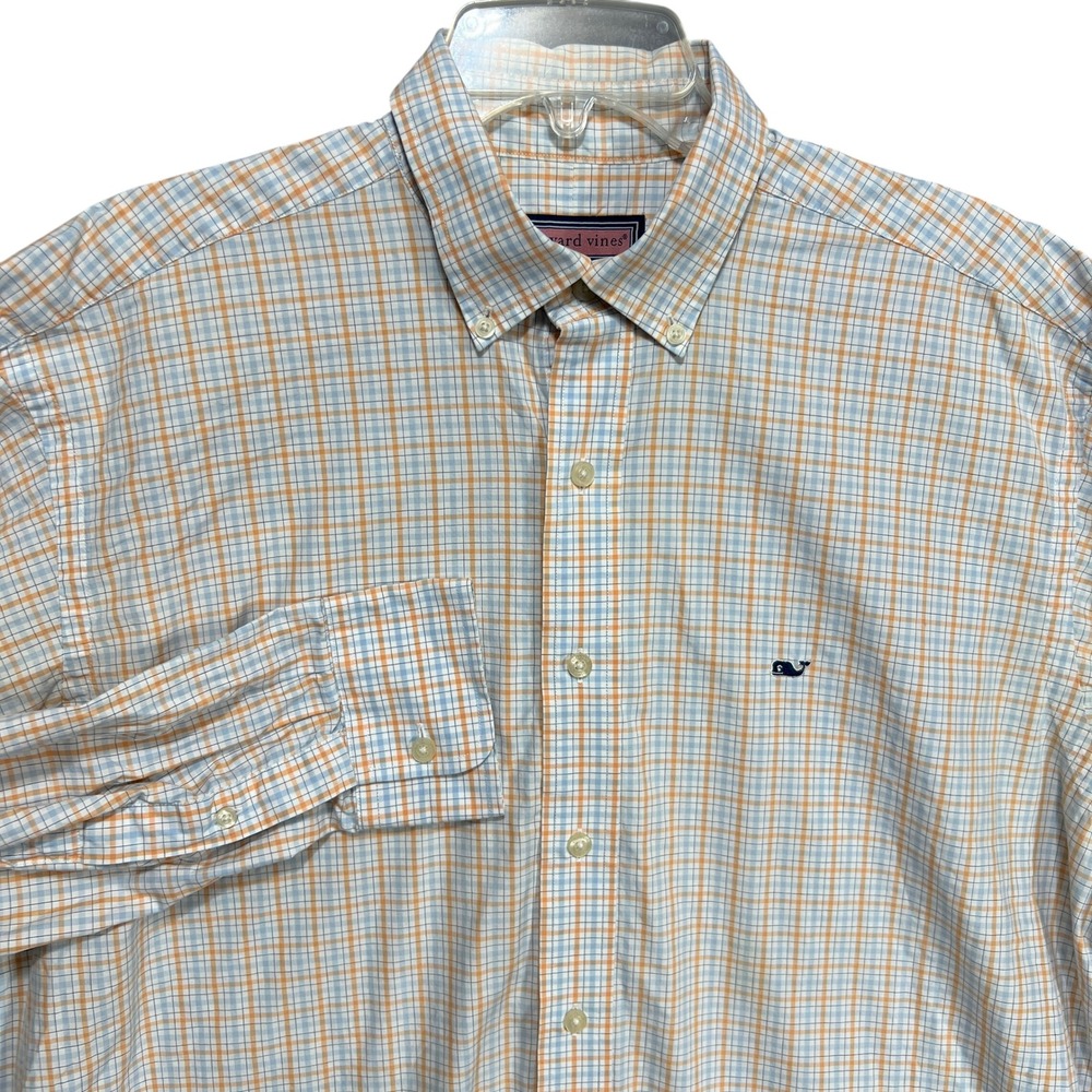 Vineyard Vines Whale Shirt Mens Large Orange Blue Plaid Cotton Button Down L